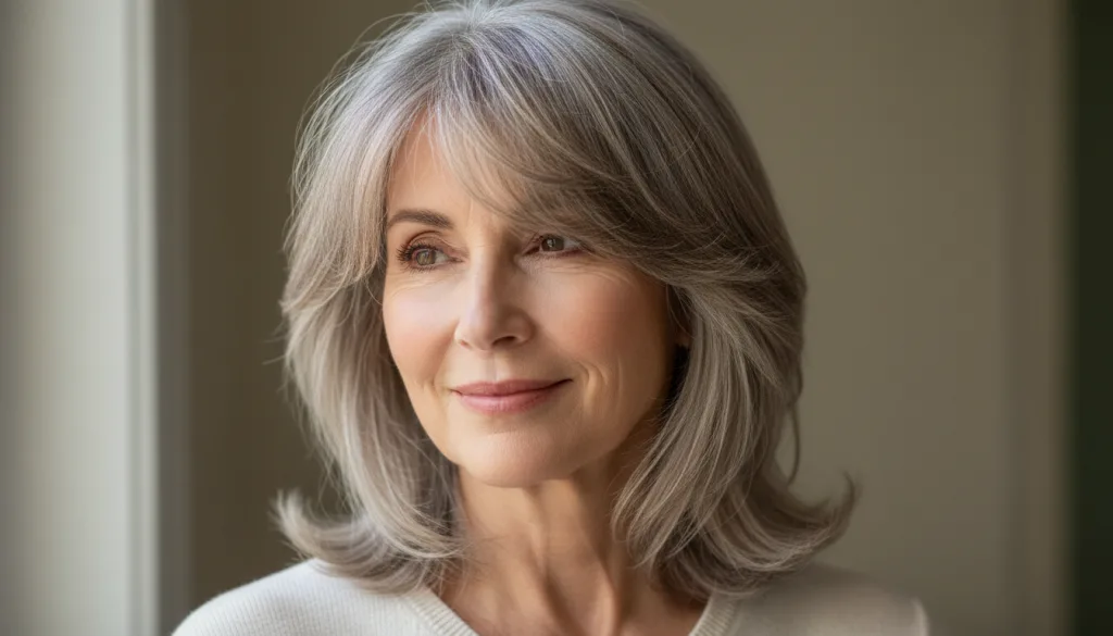 découvrez une coupe mi-longue dégradée et effilée avec frange, spécialement conçue pour sublimer les femmes de 60 ans avec élégance et modernité.